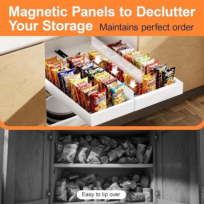YJHome 2 Pack Pull Out Cabinet Organizer, No Drill Expandable Width 12"-20" & 21" Depth, Adhesive or Screw-In Installation, Magnetic Divider for Custom Storage, for Kitchen Pantry Bathroom Cabinet - Image 6