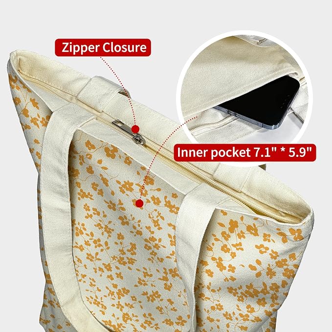itgowisa Canvas Tote Bag for Women, Tote Bag with Zipper Inner Pocket, Zippered Canvas Bag for Shopping Work Grocery Everyday - Image 6