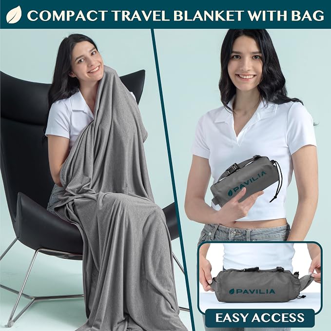 PAVILIA Travel Blanket Airplane Compact with Bag Lightweight, Gray | Soft Fleece Plane Long Flights, Camping Road Trips, Packable Traveler Gift Essentials with Luggage Backpack Strap, 65x40 - Image 2