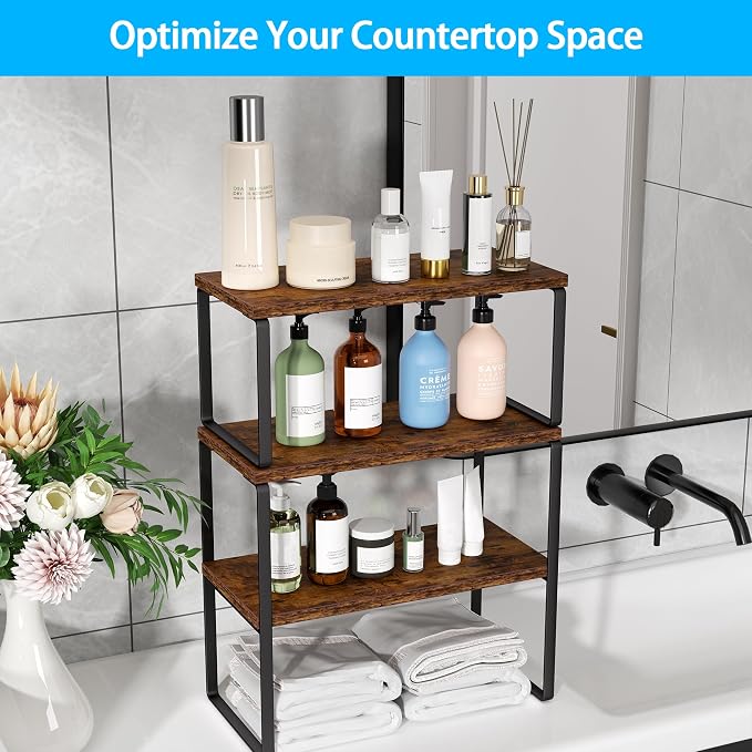Golener Kitchen Counter Organizer, Countertop Shelf, Adjustable, Stackable | Kitchen Countertop Organizer, Spice Rack, 2-Tier Countertop Shelves, Corner Desk Shelf, Corner Counter Shelf, Rustic Brown - Image 9