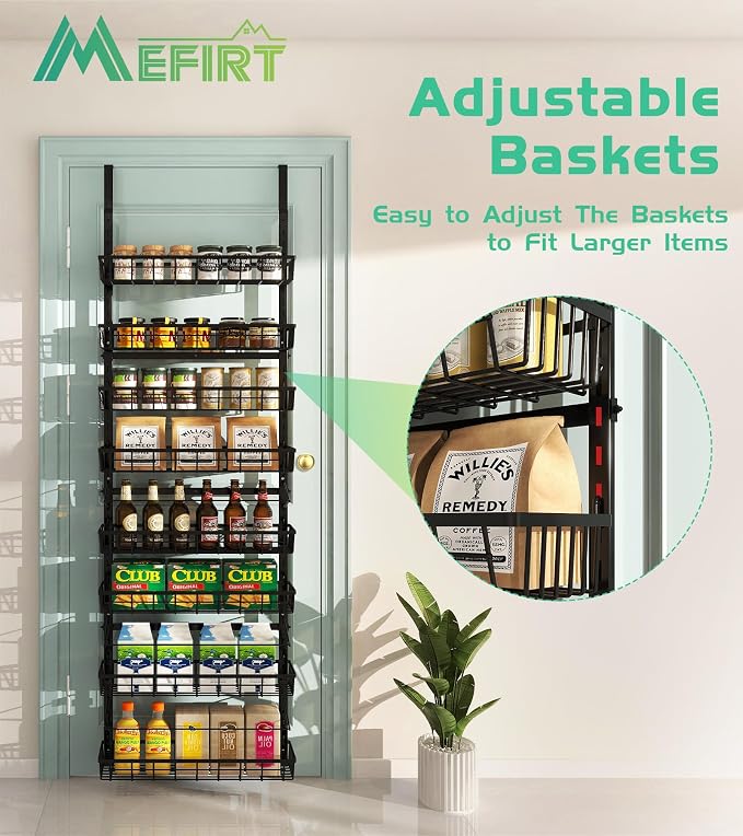 Mefirt Over The Door Pantry Organizer, Wall Mount Spice Rack 8-Tier Black | Pantry Hanging Storage and Organization, Adjustable Baskets Heavy-Duty Metal for Home & Kitchen, Back of Door Seasoning Rack - Image 3