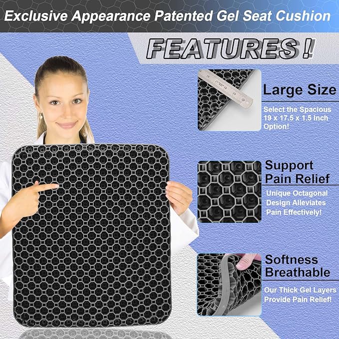 Seat Cushion, Gel Seat Cushion for Long Sitting– Back, Sciatica, Tailbone Pain Relief Pad, 19in Seat Pad for Car, Office Chair, Wheelchair, Soft Support for Long Trips | Tailbone Pain Relief Pad, 19in Seat Pad for Car, Office Chair, Wheelchair, Soft Su... - Image 3