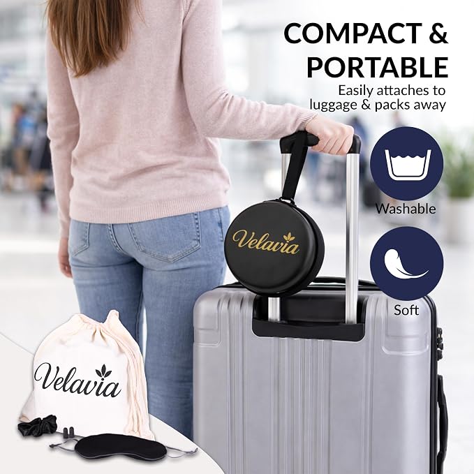 Travel Neck Pillow,Ergonomic 360° Memory Foam Support for Head, Neck. Adjustable for Long Flights. Soft &Washable Cover, EVA Box, 3D Eye Mask, Earplugs, Hair Tie & Luxury Bag (Dark Blue) - Image 5