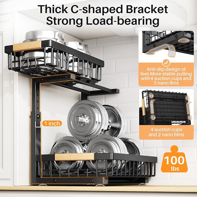 PXRACK Under Sink Organizer, Adjustable Height, 2 Tier Pull Out Under Cabinet Organizer, Slide Out Thickened Metal Under Sink Storage for Kitchen Bathroom Laundry Pantry Cabinet, Black, Small-1-Pack - Image 5