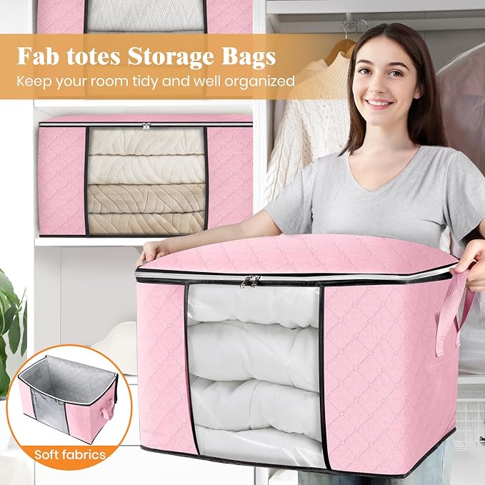 90L Clothes Storage, Foldable Thick Fabric Blanket Storage Bags | Foldable Containers with Zippers,Window and Handles for Organizing Bedroom, Closet, Comforter, Bedding,Dorm essentials - Image 5