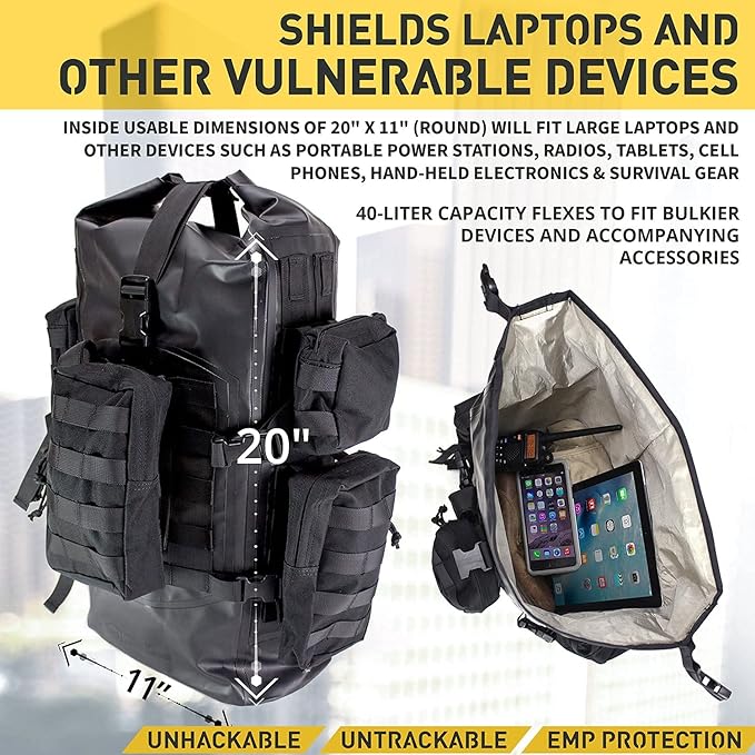 Mission Darkness Dry Shield Faraday Backpack 40L // Waterproof Tactical Bag with MOLLE Webbing and Removable Packs // Signal Blocking Anti-tracking Data Privacy EMP Shield for Electronics - Image 2