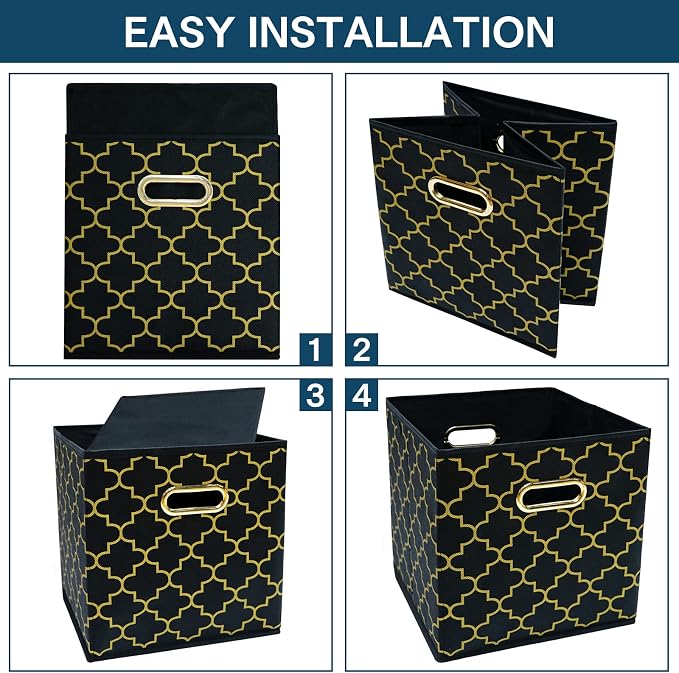 Fabric storage bins Cubes, Fabric Cube Organizer with Handle, Foldable Cube Bins for Cloth or Accessary Storage, 11x11x11, Set of 3, (Black Gold) - Image 6