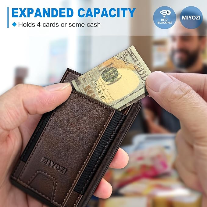 Wallet for Men, Slim Pop Up Card Holder - RFID Blocking Minimalist Bifold Wallet with ID Window, Holds 9-11 Cards & Stretchable Strap, Metal Flip Case with Magnetic Closure, Gift Box - Image 5