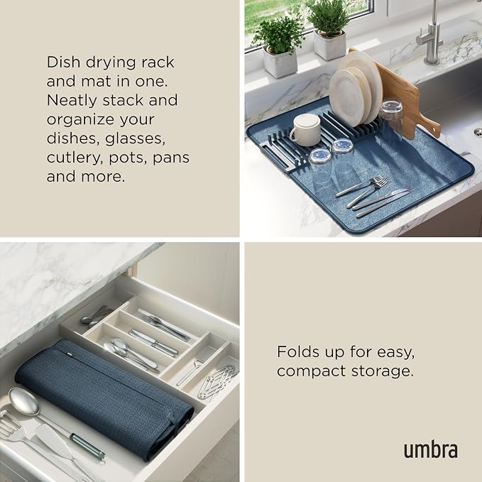 Umbra Udry Dish Drying Rack with Mat, Folds Flat for Storage, Slate Blue | Protects countertop, BPA-free, recycled plastic construction - Image 4