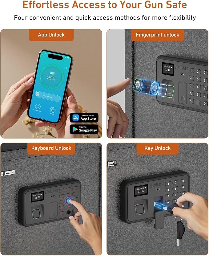 BILLCONCH Biometric Gun Safe for Multiple Handguns Quick Access Pistol Safe | 0.9 Cu Ft Lock Box for Nightstand. Unlock by Fingerprint, Keypad, App or Key. Voice Guide, Silent Mode, LCD Display. - Image 5