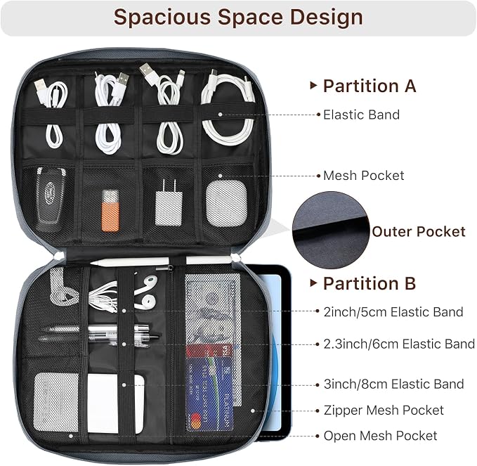 Dadanism Electronics Travel Organizer Case, Double Layers Cord Organizer | Travel All-in-One Storage Bag for Cable, Cord, iPad, Chargers, fits 9-11'' Tablets, Portable Tech Accessories Bag, Space Gray - Image 5