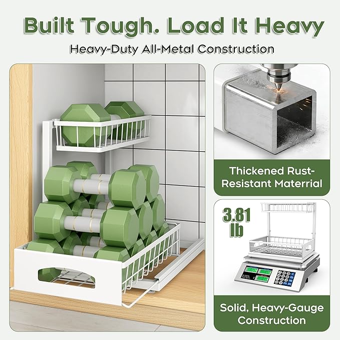 Under Sink Organizer, 1-Pack L-Shaped Metal Pull-Out Drawers for Kitchen | Cabinet Organizer Height Adjustable Heavy Duty Metal 2-Tier Storage Fits Beside Common Pipes for Bathroom Pantry - Image 5