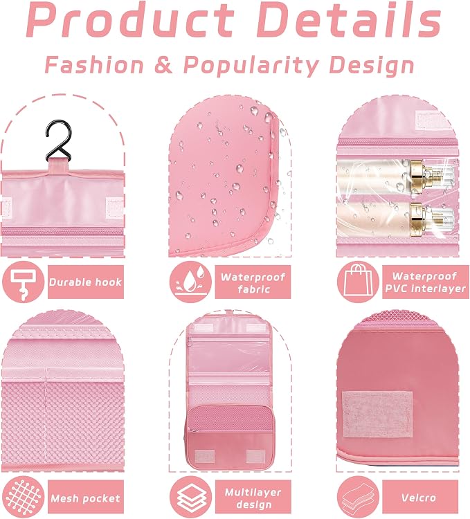 Toiletry Bag Travel Bag with Hanging Hook for Women and Men,Pink | Waterproof Small Capacity Hanging Multifunctional Makeup Bag for Toiletries, Portable Cosmetic Bag Travel Organizer - Image 3