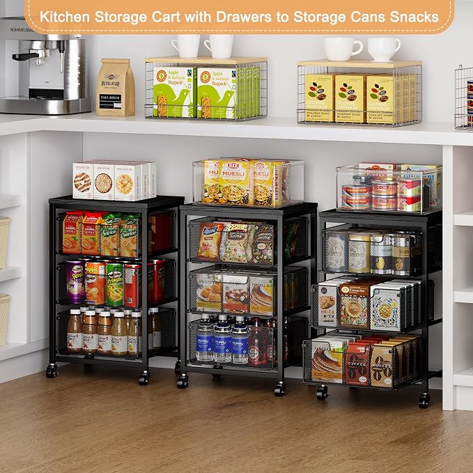 Pantry Organizer and Storage Cart, 3-Tier Kitchen Storage Cart with Drawer, Fruit Vegetable Storage Cart with Wheels, Wooden Top Metal Wire Kitchen Organizer Rack Stand for Food Snack Onion Potato - Image 8