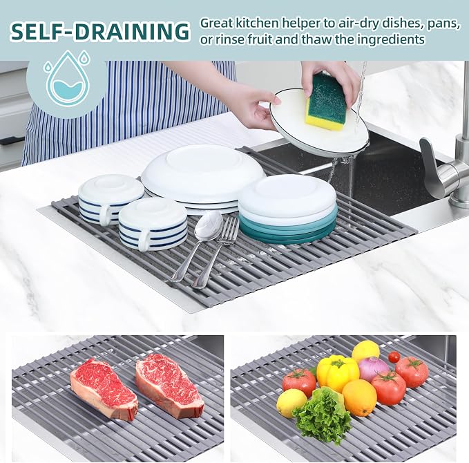 Ohuhu Over Sink Dish Drying Rack Silicone Wrapped 17.6" W x 15.4" L Large Over the Sink Roll Up Dish Drainer - Foldable Sink Drying Rack Rolling Drain Mats Anti-Slip Multipurpose for Kitchen Counter - Image 2
