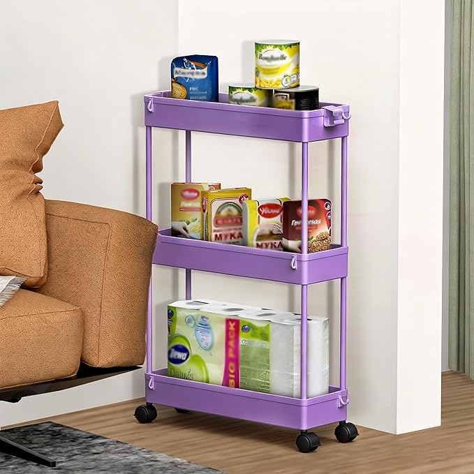 2-piece Set Slim Storage Cart 3 Tier,Bathroom Organizer Rolling Utility,Mobile Shelving Unit Slide Out for Office, Kitchen, Laundry Room & Narrow Places - Image 7