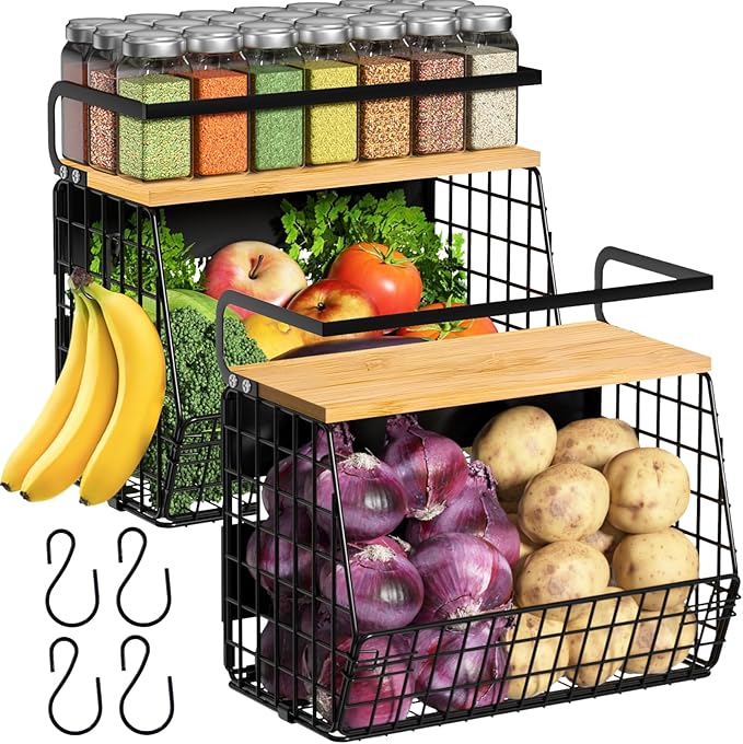 2 Set Magnetic Shelf for Refrigerator with Wood Lid, Fruit Potato & Onion Storage Bins, Pantry Organizers & Storage, Large Container Magnetic Spice Rack for Refrigerator, Kitchen Counter, Cabinet | Strong magnet holds 50lbs, ventilated bin for produce,... by Ofiray-home
