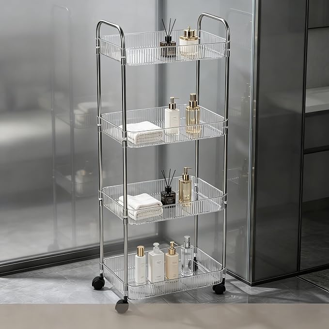 Sooyee Clear 4-Tier Plastic Rolling Utility Cart with Wheels | Multi-Functional Storage Trolley, For Office, Living Room, Kitchen, Movable Storage Organizer - Image 8