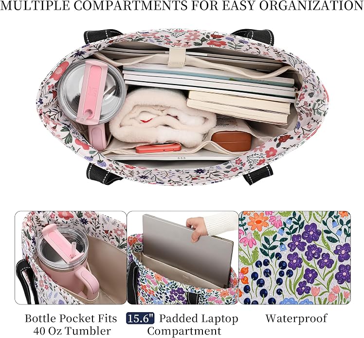 Tote Bag for Women with Laptop Compartment & Cup Holder,Nylon Bag for Work,Travel,Gym,Beach,Teacher,Nurse,School,Mom - Image 5