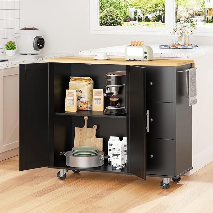 Shintenchi Kitchen Island with Folding Drop Leaf, Rolling Island Table with Storage, Kitchen Cabinet on Wheels with Seating Area for Kitchen, Bar Cart with Cabinet, Black - Image 7