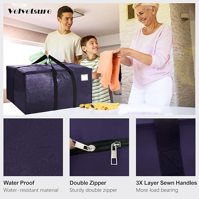 VELVETSURE Heavy Duty Extra Large Moving Bags W/Backpack Straps - Strong Handles & Zippers, Storage Totes For Space Saving, Fold Flat, Alternative to Moving Box and Storage Bin (Set of 6, Blue) - Image 3