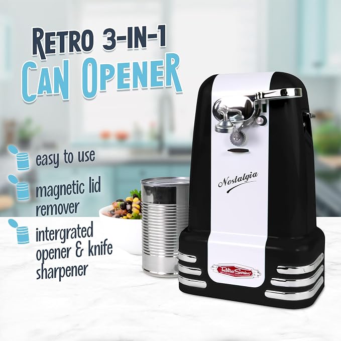 Nostalgia Retro Electric Can Opener for Kitchen with Magnetic Lid Remover, Knife Sharpener, and Soda or Beer Bottle Opener, Black - Image 2