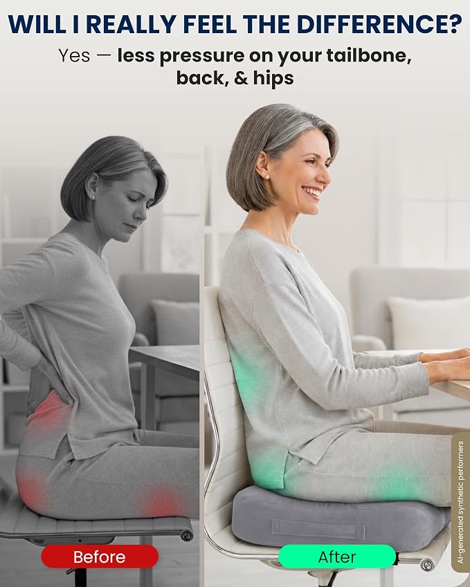 5 STARS UNITED Seat Cushion - Memory Foam Chair Cushion for Tailbone Pain Relief - Ergonomic Support for Coccyx, Sciatica & Butt - Office, Desk & Gaming Chair, Car Seat, Wheelchair, Airplane, L Gray - Image 7