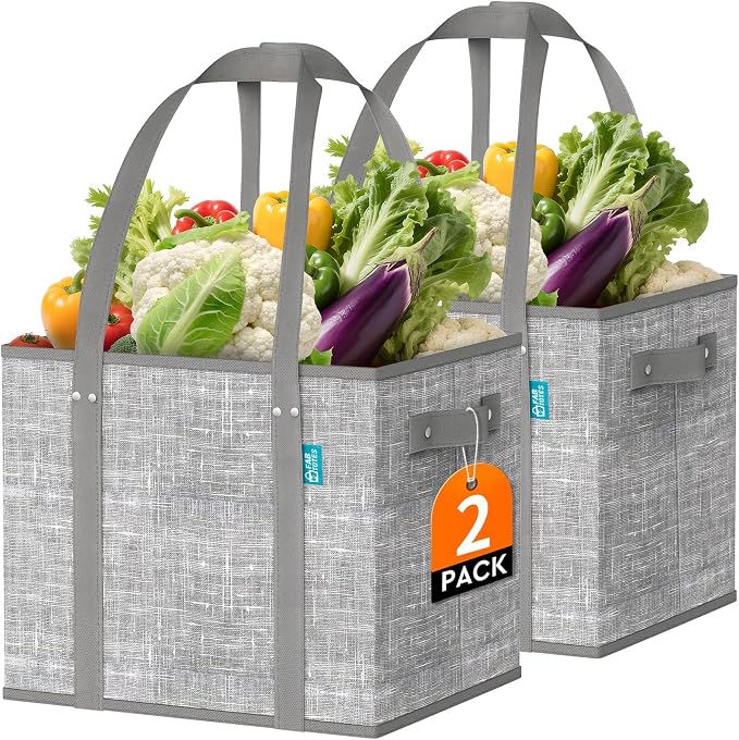Fab totes Reusable Grocery Bags, Large Foldable Shopping Tote Bags with Reinforced Handles & Hard Bottom,2 Pack, Grey by Fabtotes