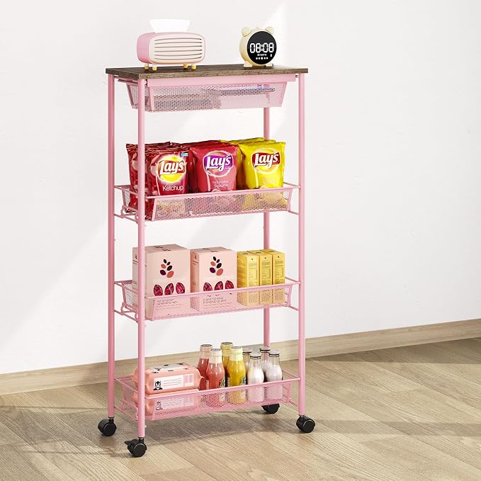 KINGRACK 4-Tier Slim Storage Cart, Metal Rolling Cart, Organizer with Wooden Tabletop and Drawer Basket, Mobile Shelving Unit for Kitchen, Bathroom, Laundry Room, Pink - Image 7
