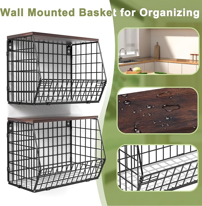 Wawocs Fruit Basket for Kitchen Counter 2 Tier Fruit Bowl, Stackable Wall Mounted Hanging Fruit Basket Wire Baskets with Wood Lid with 4 Banana Hanger Hooks, Onion Basket, Fruit and Vegetable Storage - Image 7