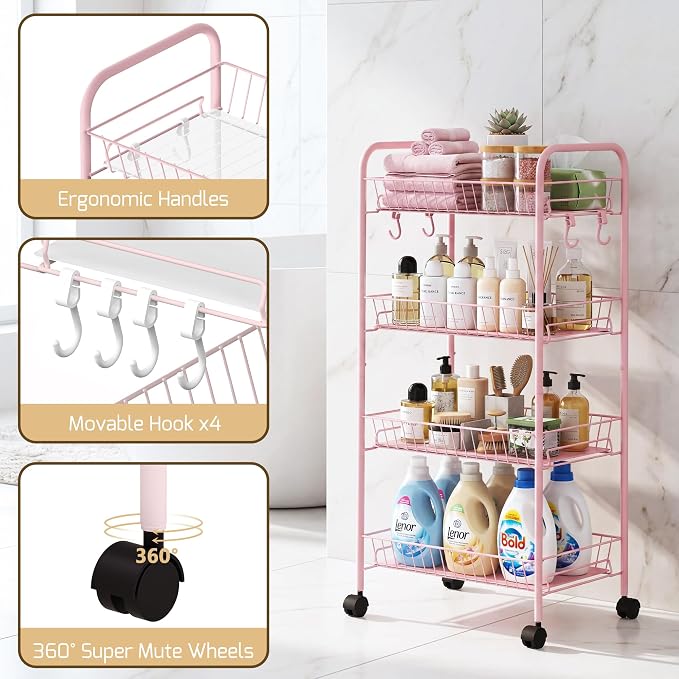 PLKOW 4-Tier Rolling Utility Cart with Detachable Baskets, Pink | 4-tier steel cart with detachable baskets, anti-fall pads, hooks, and 360° wheels for compact home storage - Image 5