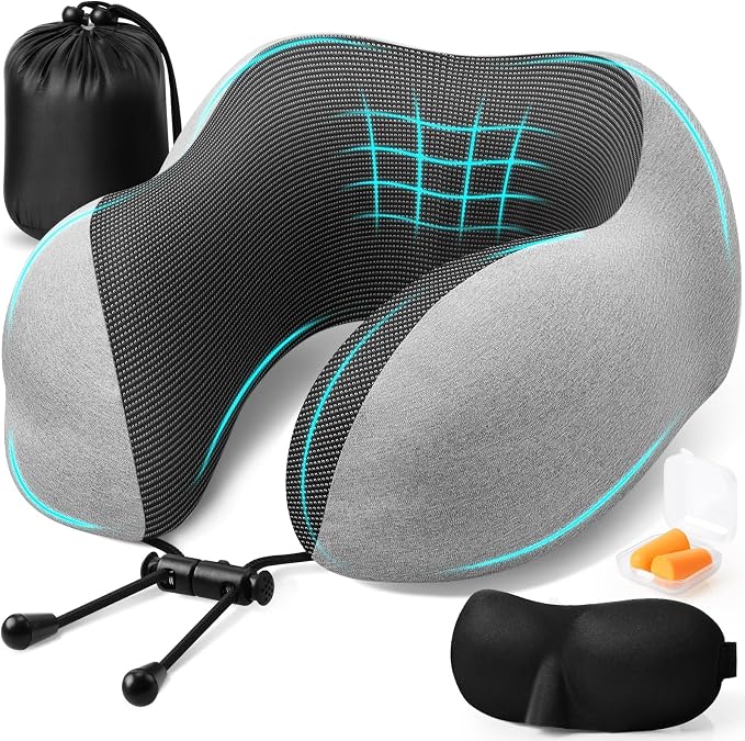 ExploreBliss Travel Pillow, Neck Pillow Airplane, Light Grey | Travel Pillows for Airplanes, Neck Pillow Airplane, Memory Foam Neck Pillow Set with Eye Mask, Earplugs by ExploreBliss