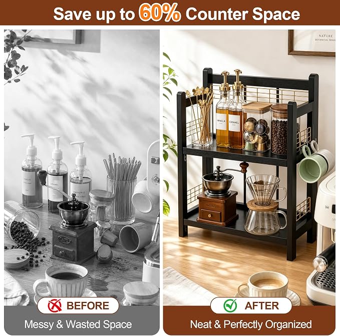 No-Assembly Coffee Bar Organizer, 2-Tier Coffee Station Shelf | Foldable Oak Wood Shelf, Coffee Station Accessories Storage for Syrup & Pods, 3 Hooks for Mugs, Kitchen Spice Rack, Black - Image 5