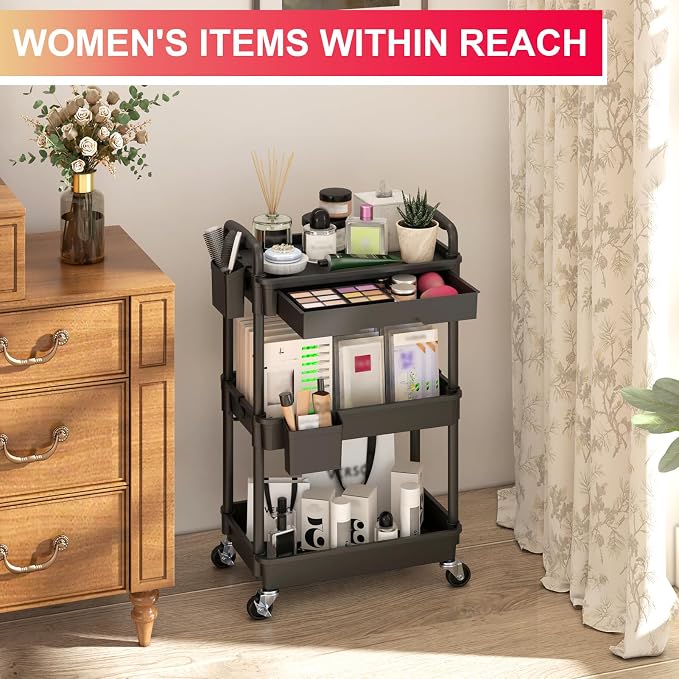Goovilla 3 Tier Rolling Utility Cart Organizer with Removable Drawer, Black | Stable and Sturdy Rolling Storage Carts with 2 Lockable Wheels for Bathroom, Kitchen, Snack, Craft, Makeup, Baby Essentials - Image 5
