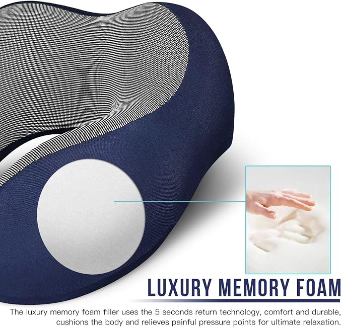 MLVOC Neck Pillow for Traveling, Upgraded 100% Pure Memory Foam Travel Neck Pillow for Airplane Flight Sleep, Breathable & Machine Washable Cover, Travel Kit with 3D Eye Mask, Earplugs & Bag, Blue | memor foam - Image 4