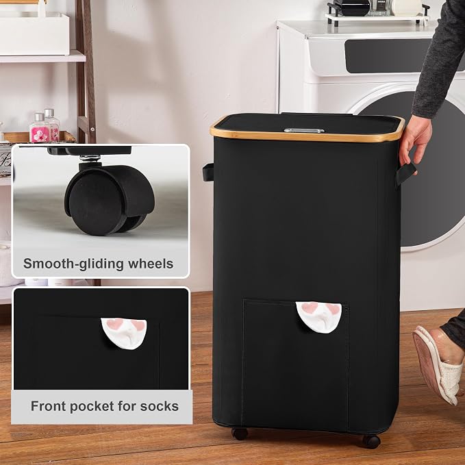 Vincona Laundry Basket with Wheels, Tall Dirty Clothes Hamper on Wheels, Rolling Laundry Hamper with lid for Dorm, Bedroom and Bathroom (Black, 100L) - Image 4