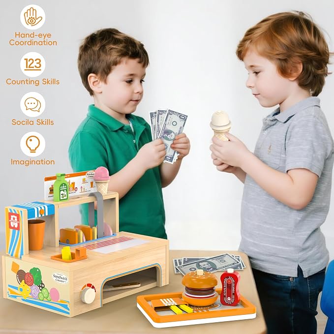 WOODMAM Foldable Wooden Kids Play Food Toys Sandwich Counter with Storage | 56 Pcs Pretend Play Kitchen Food Toy, Burger, Ice Cream, Fries, Play Money, Boys Girls Birthday Gifts for Toddlers Ages 3+ - Image 8