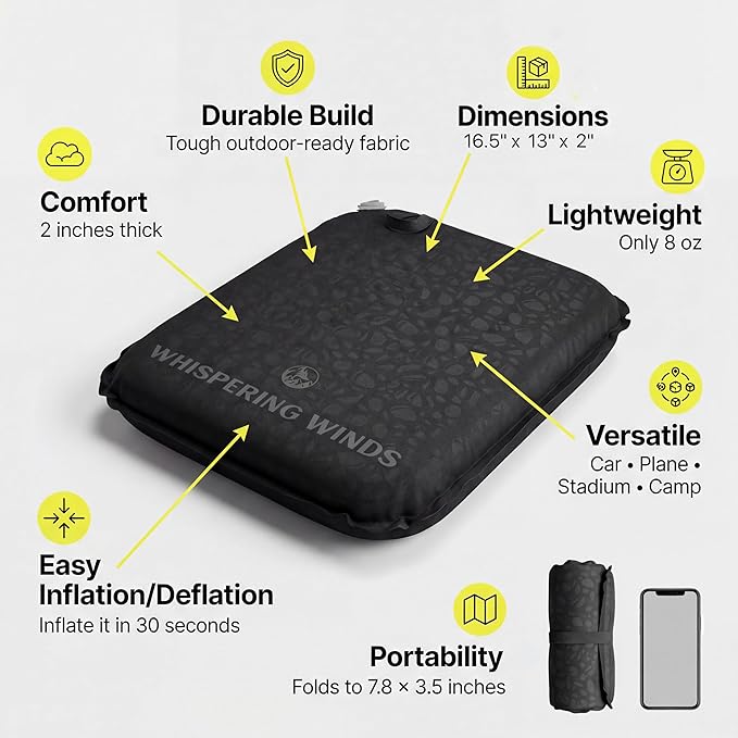 Whispering Winds Inflatable Seat Cushion | Comfortable & Packable Blow-up Foam Pad for Airplane Travel, Stadium Outdoors, Camping, Car & More - Image 3