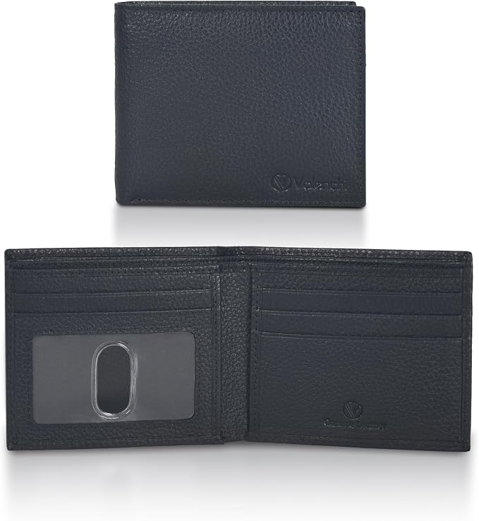 VALENCHI Genuine/Real Leather Bifold Wallet For Men - RFID Blocking/Protected Men's Slim Wallet -Christmas Gifts For Men (Black Pebble BF01) by VALENCHI