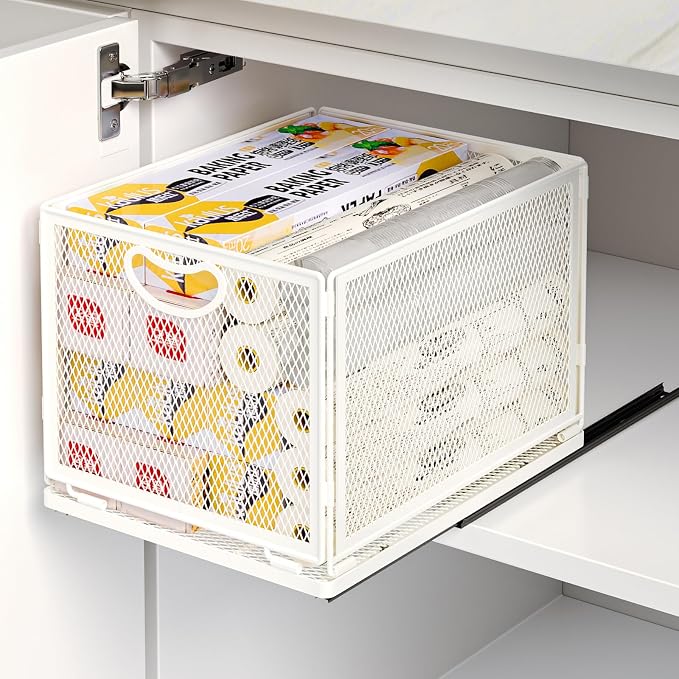 Pull Out Cabinet Organizer, No Drill Adhesive Sliding Drawers for Kitchen, Metal Mesh Wire Storage Shelf for Pantry & Under Sink, White (9.6" W x 11.8" D x 8.4" H) by AmzAgeHomeKitchen
