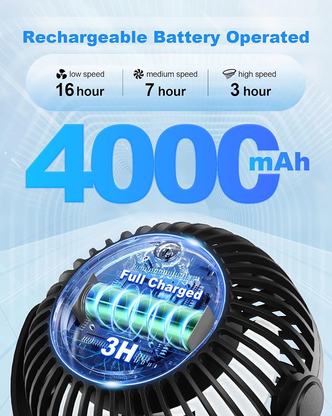 Coohea Stroller Fan Clip on for Baby, 4000mAh Rechargeable Battery Operated, Flexible Tripod, 3 Wind Speed, 360° Rotatable, Small Cooling Portable Fan for Car Seat Crib Golf Cart Bike Treadmill, Black | 4000mAh Battery Operated, 360° Rotatable Flexible... - Image 2