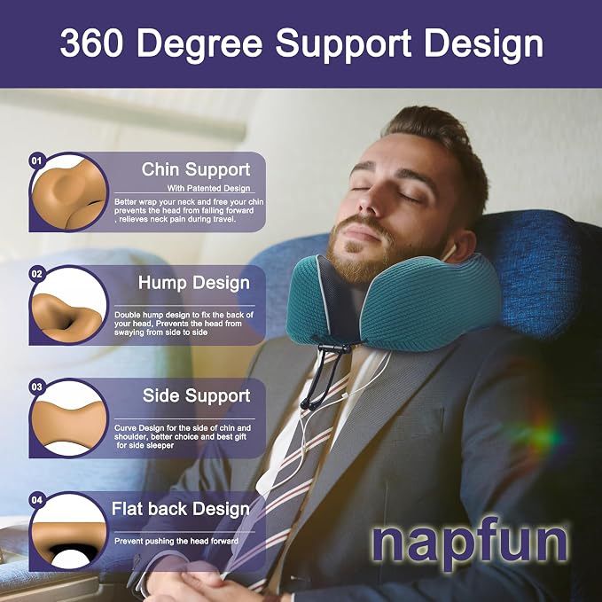 napfun Neck Pillow for Travel, Memory Foam Airplane Pillow, Teal | 360° Neck Support, Upgraded 100% Memory Foam for Airplane, Car, Train, Bus, Office Sleep, Travel Essentials for Long Flights - Image 3