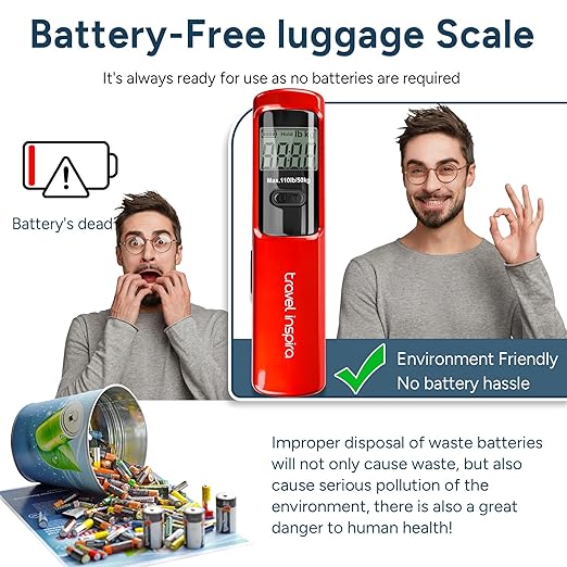 travel inspira Battery-Free Luggage Scale 110lb/50kg Digital Portable | Battery-free luggage scale, pump to power, 110lb/50kg, ±50g, lb/kg switch, tare, overload alert, travel essential - Image 3