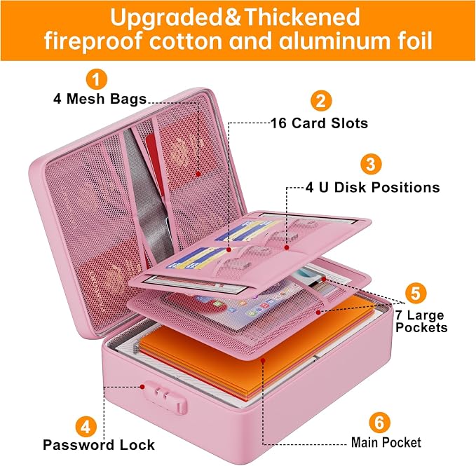DocSafe 5200°F Fireproof Document Organizer Box with Lock, Pink (Soft) | Heat Insulated 8 Layers File Protection Bag,Water-Resistant Zipper,Portable Home Office Travel Safe Storage for Files,Laptop - Image 9