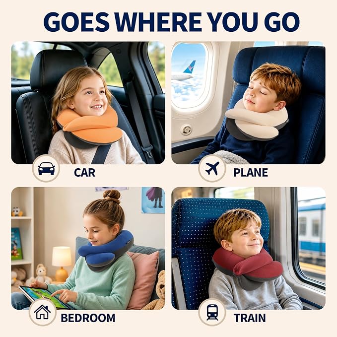 Kids Travel Pillows for Airplane, Memory Foam 360° Head Support Sleeping Essentials for Girls Long Flight, Skin-Friendly Soft Neck Pillow for Traveling in Car Seat, (Small, Pink Grey, 40-90 lbs) - Image 6