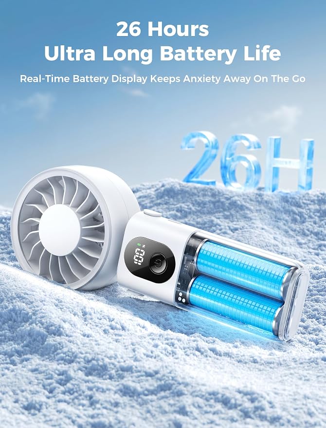 Aecooly Mighty Portable Handheld Fan | 26H Max Cooling | 3 Flexible Modes | 5 Speeds Wind | Battery Level Display | USB Rechargeable Mini Personal Battery Powered, Gifts for Women, Travel -White - Image 5