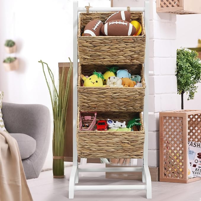 Wicker 3 Tier Foldable Storage Basket Floor Rack with Market Storage Basket Water Hyacinth Storage Rack Hand Woven Laundry Rack for Bathroom Kitchen Laundry Room Living Room Storage(White) - Image 7