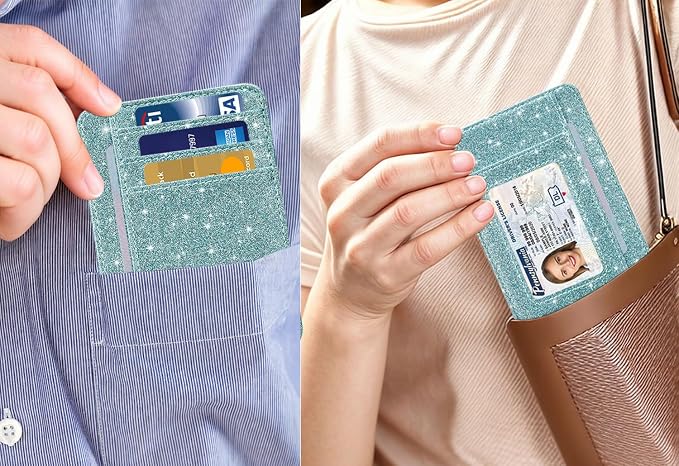 HOTCOOL Card Holder Wallet Front Pocket Minimalist Travel Cute Funny Thin Leather With RFID Blocking Small Credit Card Holder Wallet for Men & Women Girls Organizer Gifts, Glitter Blue - Image 6