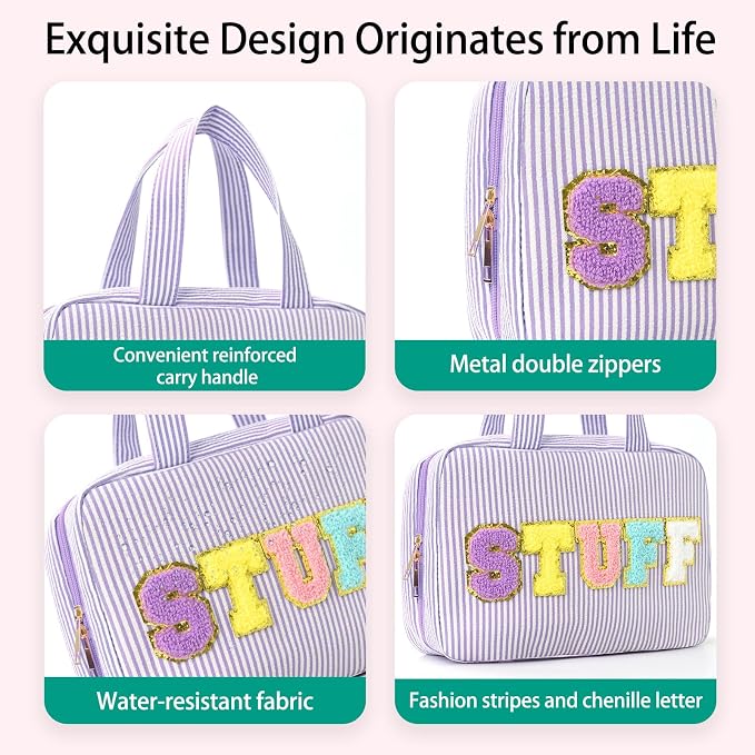 Hanging Toiletry Bag for Women Chenille Letter Travel Cosmetic Bag Fashion Stripes Water-resistant Makeup Bag for Store Toiletries Cosmetic Accessories Medium Purple - Image 2