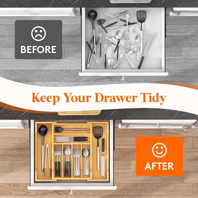 Lifewit Silverware Drawer Organizer, Wooden Utensil Tray for Kitchen | Expandable Flatware and Cutlery Holder, Adjustable Storage for Spoons Forks Knives, 10.8-18.5 x 15", Natural - Image 8